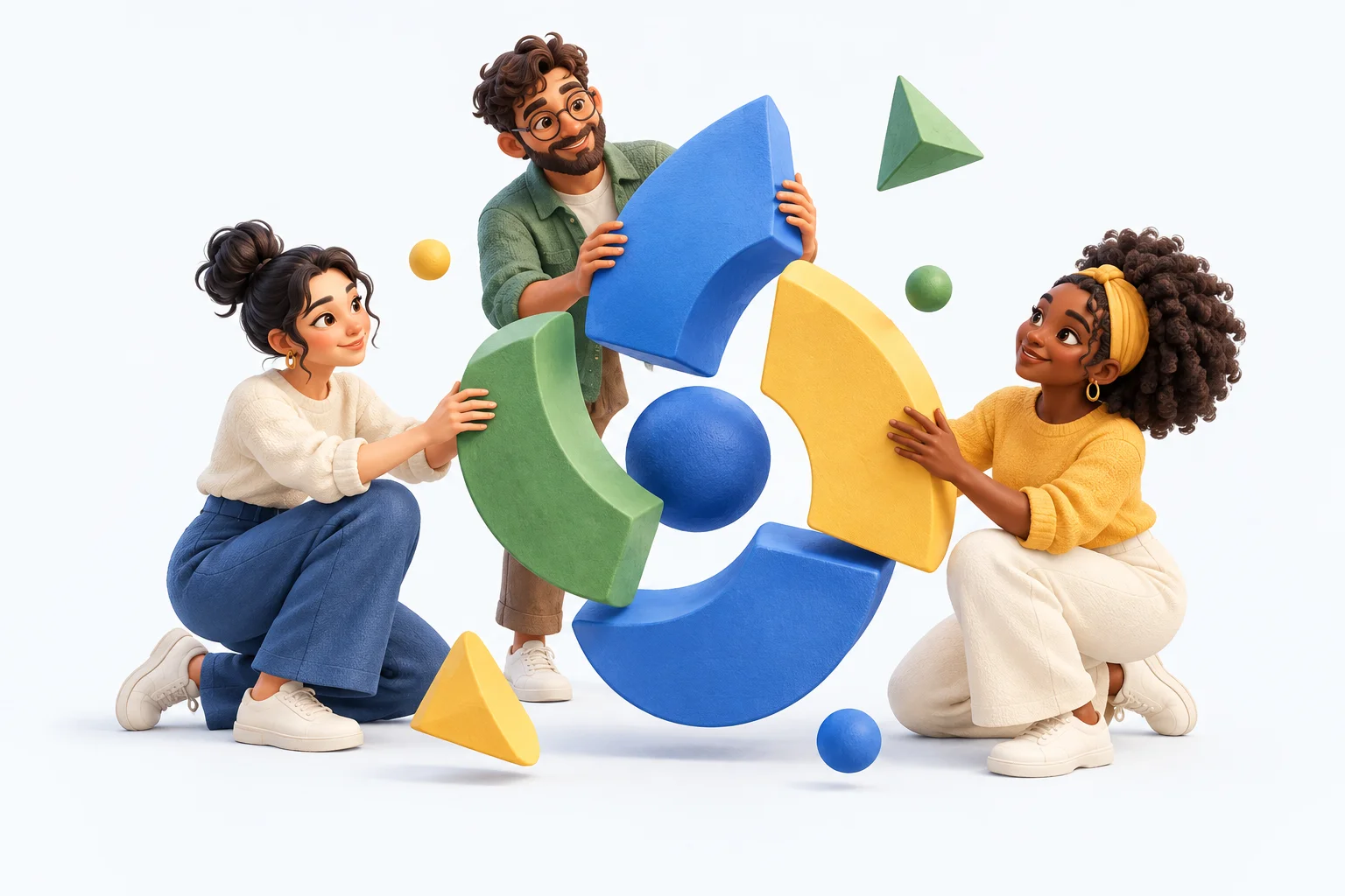 Three people assemble a colorful sculpture together, representing shared potential.